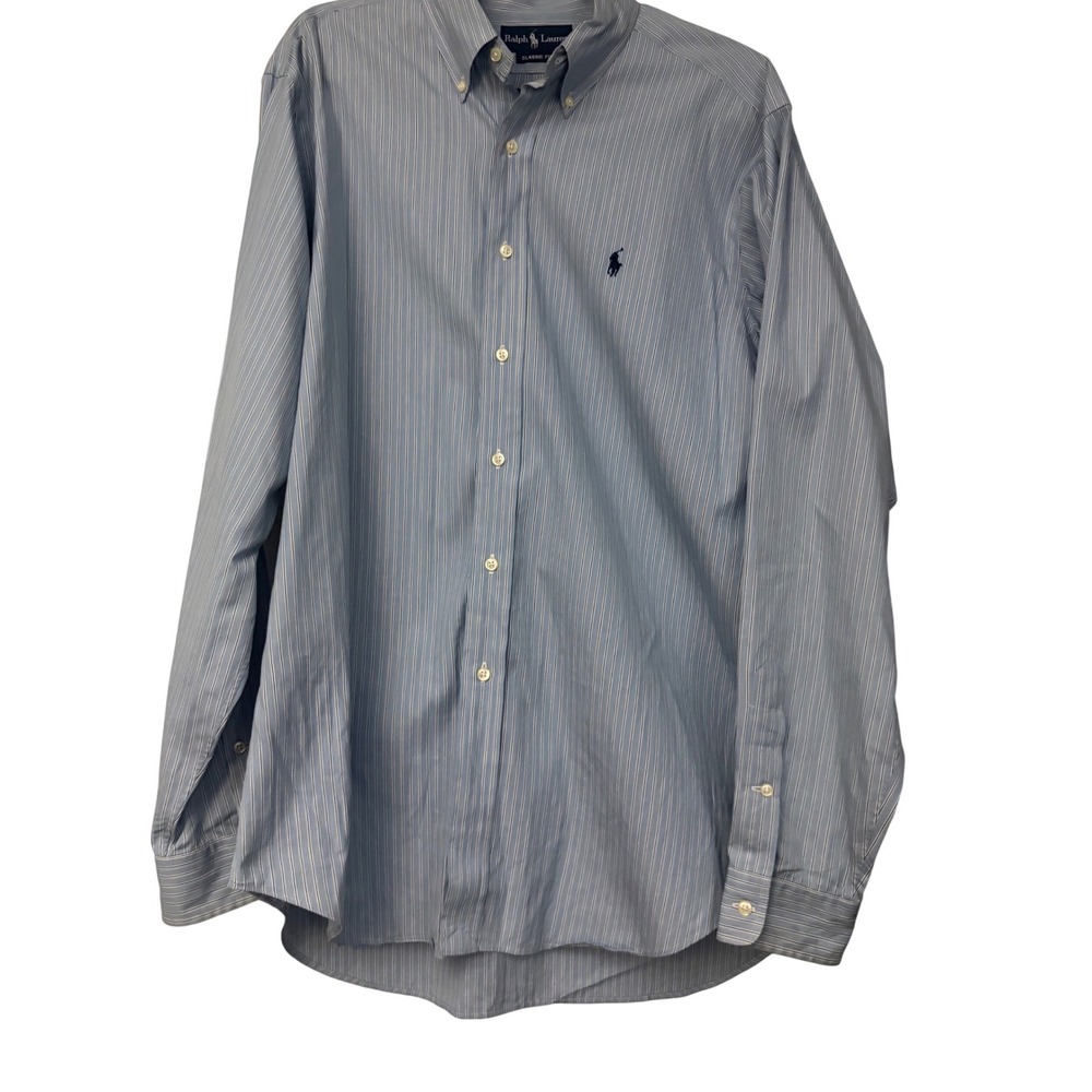 Ralph Lauren Classic Fit Mens Large Blue Wht Striped Button Down Shirt L Long Sl
